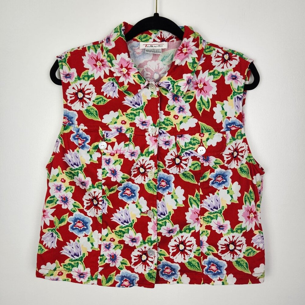 Talbots Red Floral Button Up Sleeveless Shirt/Vest, Medium, Cottagecore,‎ Granny